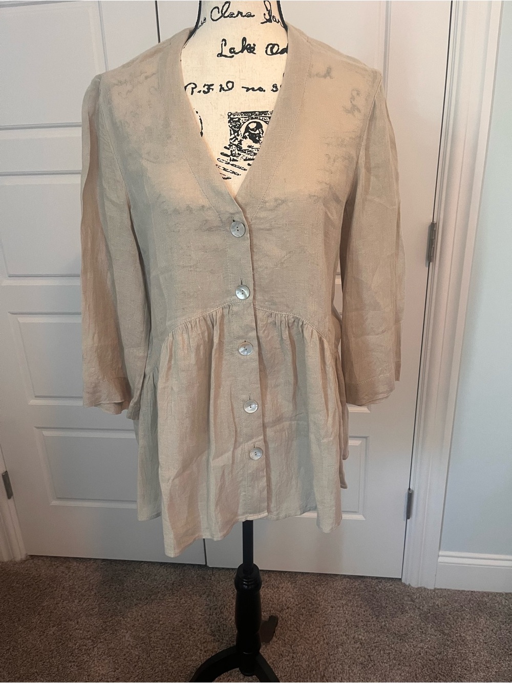 Zara Linen Beige Button-Front Peplum V-Neck Top